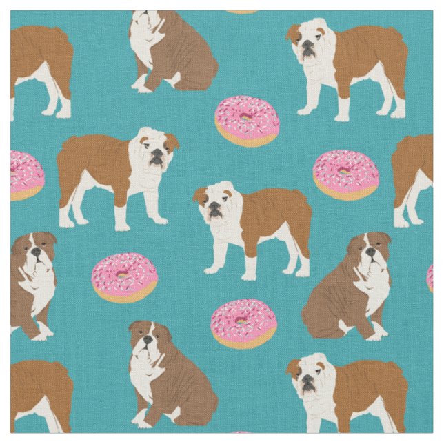 English Bulldog donuts turquoise Fabric (Close Up)