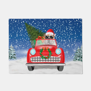 English Bulldog Driving Car In Snow Christmas  Doormat