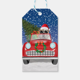 English Bulldog Driving Car In Snow Christmas Gift Tags