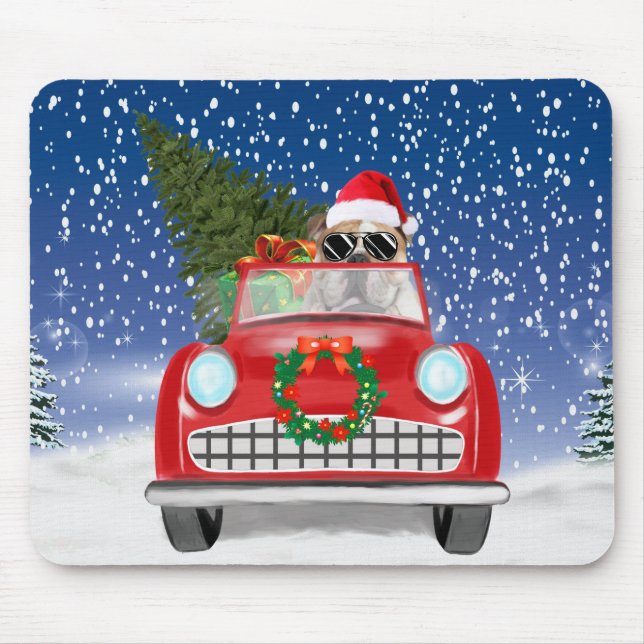 English Bulldog Driving Car In Snow Christmas  Mouse Pad (Front)