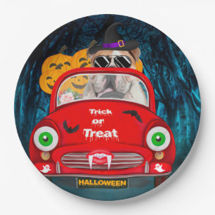 English Bulldog Driving Car Scary Halloween Paper Plate