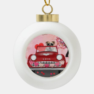 English Bulldog Driving Car with Hearts Valentine' Ceramic Ball Christmas Ornament