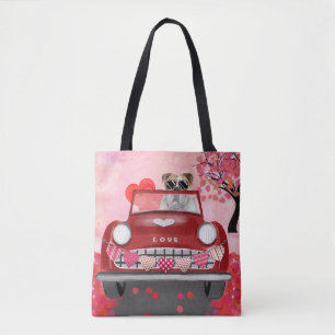 English Bulldog Driving Car with Hearts Valentine' Tote Bag
