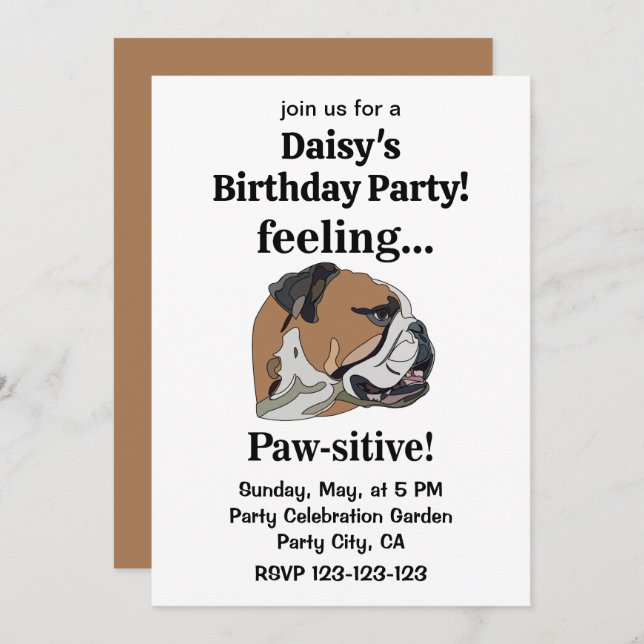 English Bulldog Feeling Pawsitive Birthday Party Invitation (Front/Back)