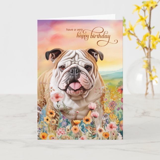 English Bulldog Field of Wildflowers Birthday Card (Yellow Flower)