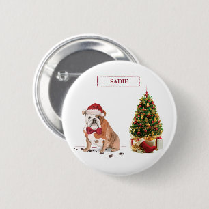 English Bulldog Funny Christmas Dog with Tree 6 Cm Round Badge