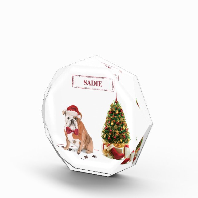 English Bulldog Funny Christmas Dog with Tree Photo Block (Right)