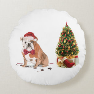 English Bulldog Funny Christmas Dog with Tree Round Cushion