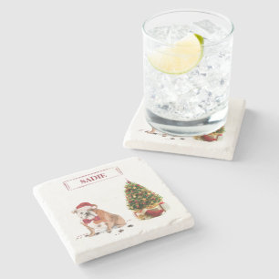 English Bulldog Funny Christmas Dog with Tree Stone Coaster
