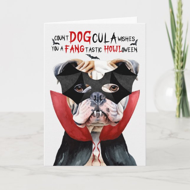 English Bulldog Funny Count DOGcula Halloween Holiday Card (Front)