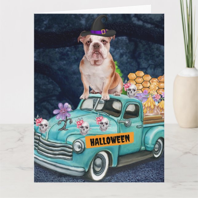 English Bulldog Halloween Truck Scary Night  Card (Front)