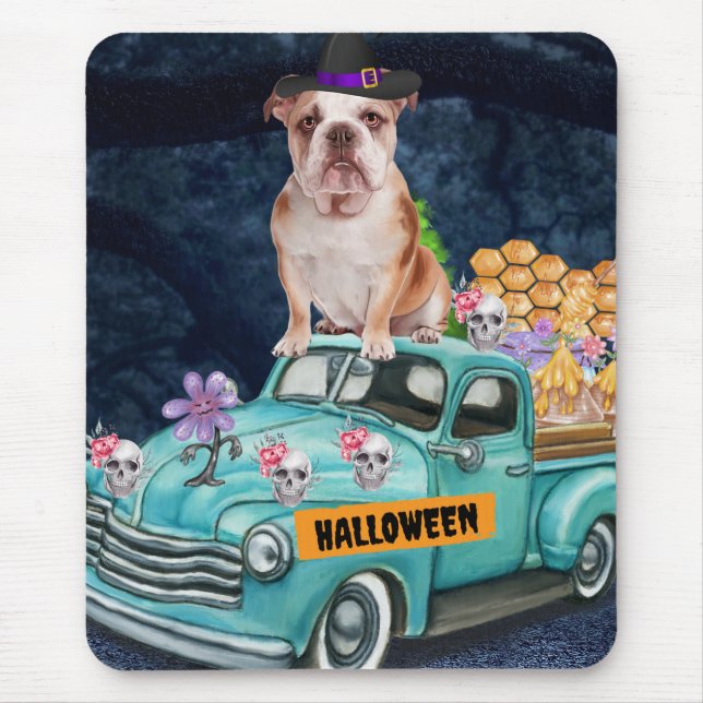 English Bulldog Halloween Truck Scary Night Mouse Pad (Front)