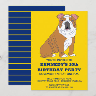 English Bulldog Illustration Custom Birthday Party Invitation