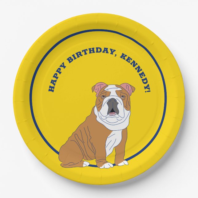 English Bulldog Illustration Personalised Party Paper Plate (Front)