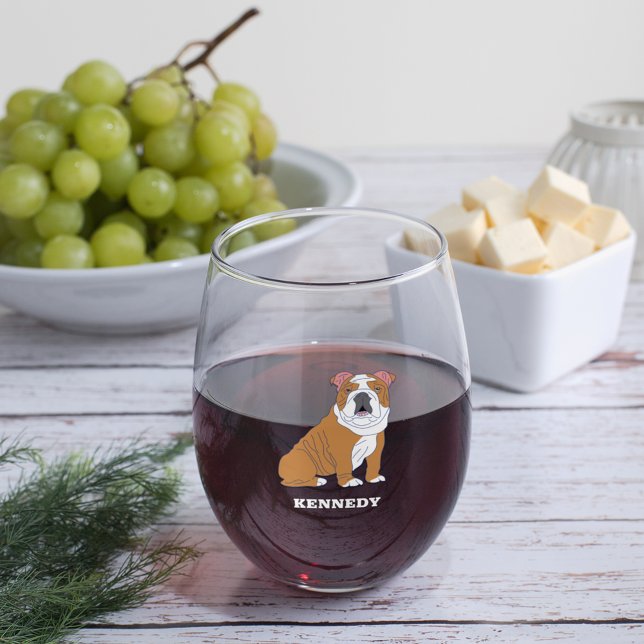 English Bulldog Illustration Personalised Stemless Wine Glass (Creator Uploaded)