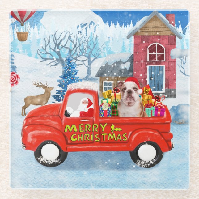 English Bulldog in Christmas Delivery Truck Snow  Glass Coaster (Front)