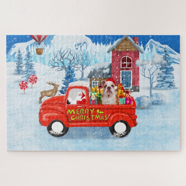 English Bulldog in Christmas Delivery Truck Snow Jigsaw Puzzle (Horizontal)