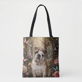 ENGLISH BULLDOG IN ENCHANTED FOREST TOTE BAG