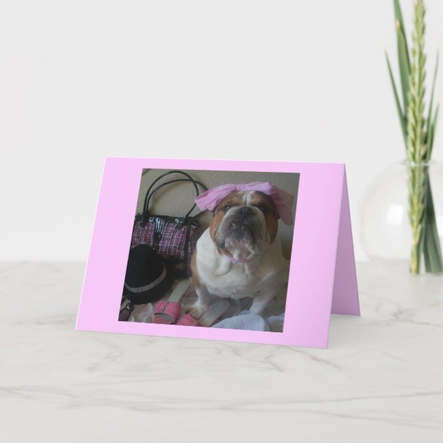 English Bulldog in Pink Birthday card (Front)