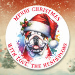 English Bulldog in Santa Hat Personalised Classic Round Sticker<br><div class="desc">If you love bulldogs and want cute stickers to seal your Christmas card envelopes then here ya go! Cute watercolor style ai art English Bulldog in Santa Hat stickers. Add your name and Christmas greeting in the personalise area.</div>