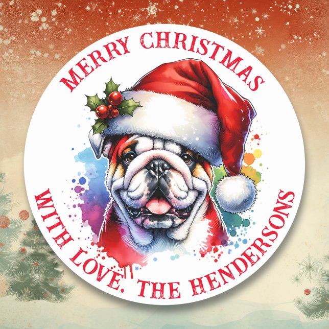  English Bulldog in Santa Hat Personalised Classic Round Sticker (Creator Uploaded)