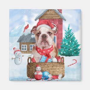 English Bulldog In snow Christmas Dog House Magnet