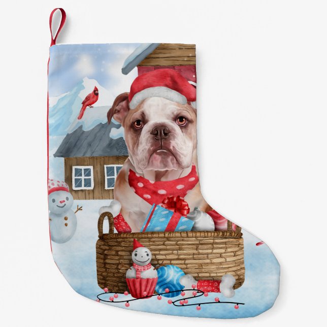English Bulldog In snow Christmas Dog House Small Christmas Stocking (Front)