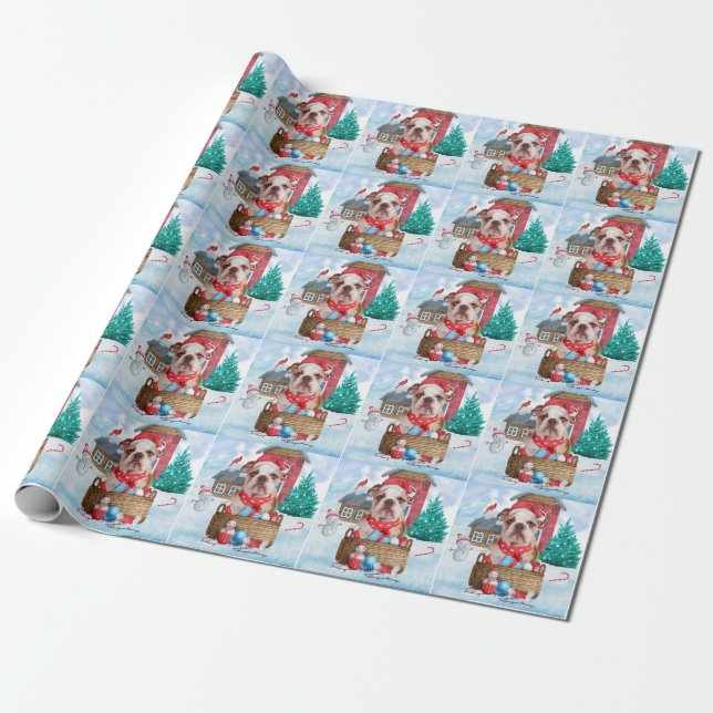 English Bulldog In snow Christmas Dog House Wrapping Paper (Unrolled)