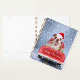 English Bulldog in Snow sitting in Christmas Truck Planner