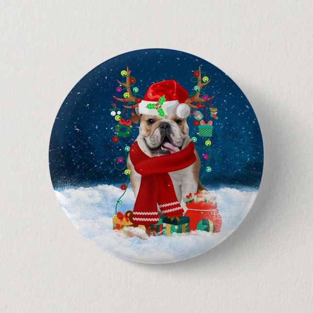 English Bulldog in Snow with Christmas Gifts  6 Cm Round Badge (Front)