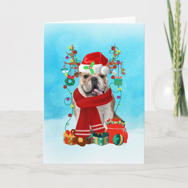 English Bulldog in snow with Christmas gifts Card (Front)