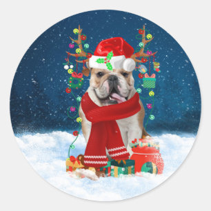 English Bulldog in Snow with Christmas Gifts Classic Round Sticker