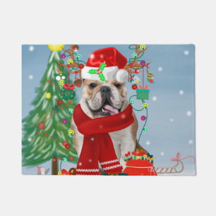 English Bulldog in Snow with Christmas Gifts  Doormat