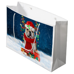 English Bulldog in Snow with Christmas Gifts Large Gift Bag