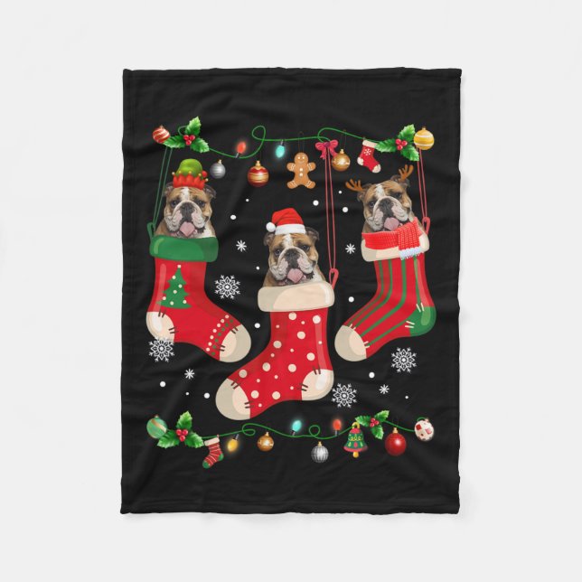 English Bulldog In Sock Christmas Santa X-mas Dog  Fleece Blanket (Front)