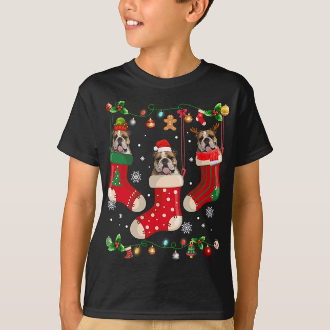 English Bulldog In Sock Christmas Santa X-mas Dog  T-Shirt (Front)