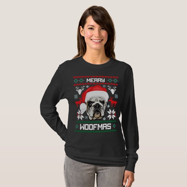 English Bulldog Merry Woofmas Christmas T-Shirt (Front Full)