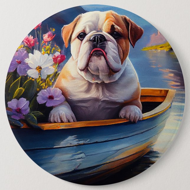 English Bulldog on a Paddle: A Scenic Adventure 6 Cm Round Badge (Front)