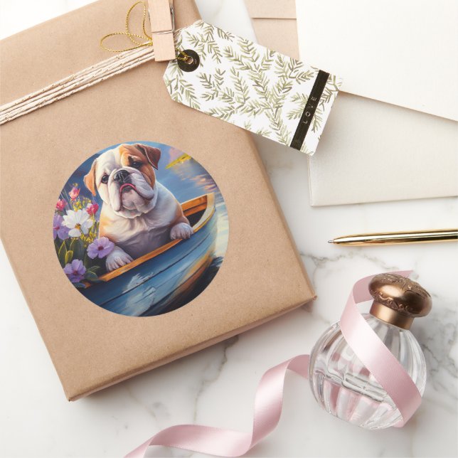 English Bulldog on a Paddle: A Scenic Adventure Classic Round Sticker (Gifting)