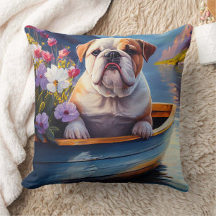 English Bulldog on a Paddle: A Scenic Adventure Cushion