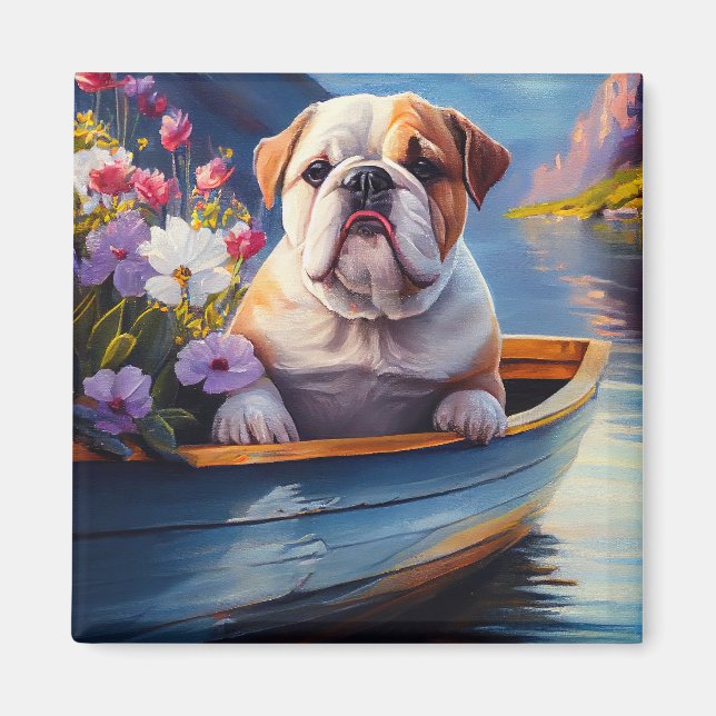 English Bulldog on a Paddle: A Scenic Adventure Magnet (Front)