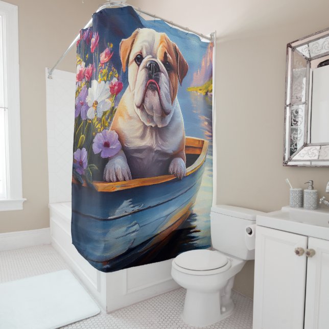 English Bulldog on a Paddle: A Scenic Adventure Shower Curtain (In Situ)