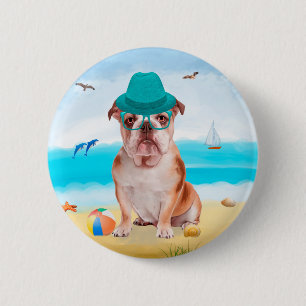 English Bulldog on Beach 6 Cm Round Badge