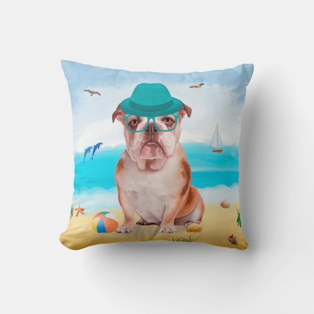 English Bulldog on Beach Cushion (Front)