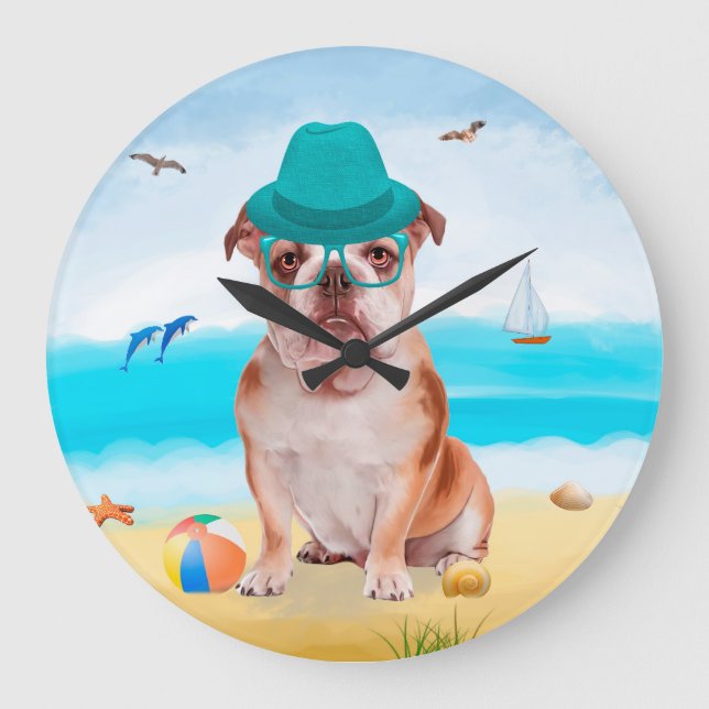 English Bulldog on Beach Large Clock (Front)