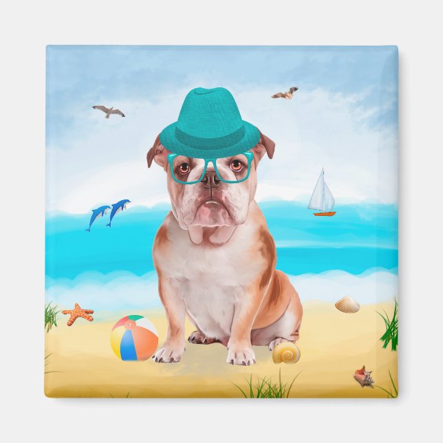 English Bulldog on Beach Magnet (Front)