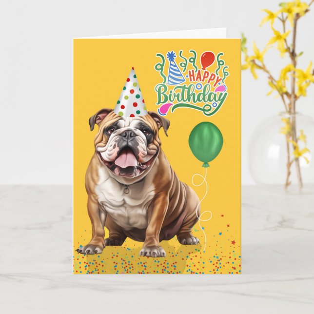 English Bulldog Party Hat Yellow Birthday Card (Yellow Flower)