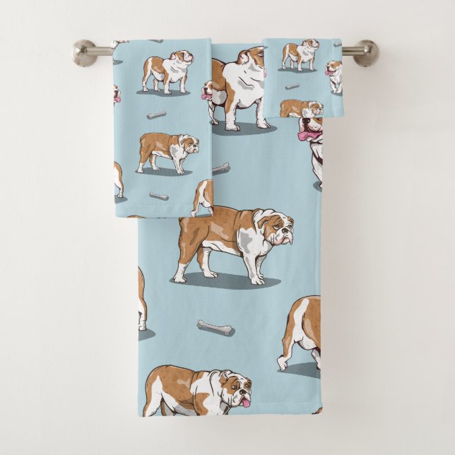 English bulldog pattern bath towel set (Insitu)
