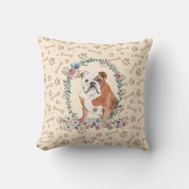 English Bulldog Paw Print & Floral Cute Cushion (Front)