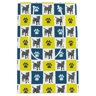 English Bulldog & Paw Yellow & Blue Grid Medium Gi Gift Bag